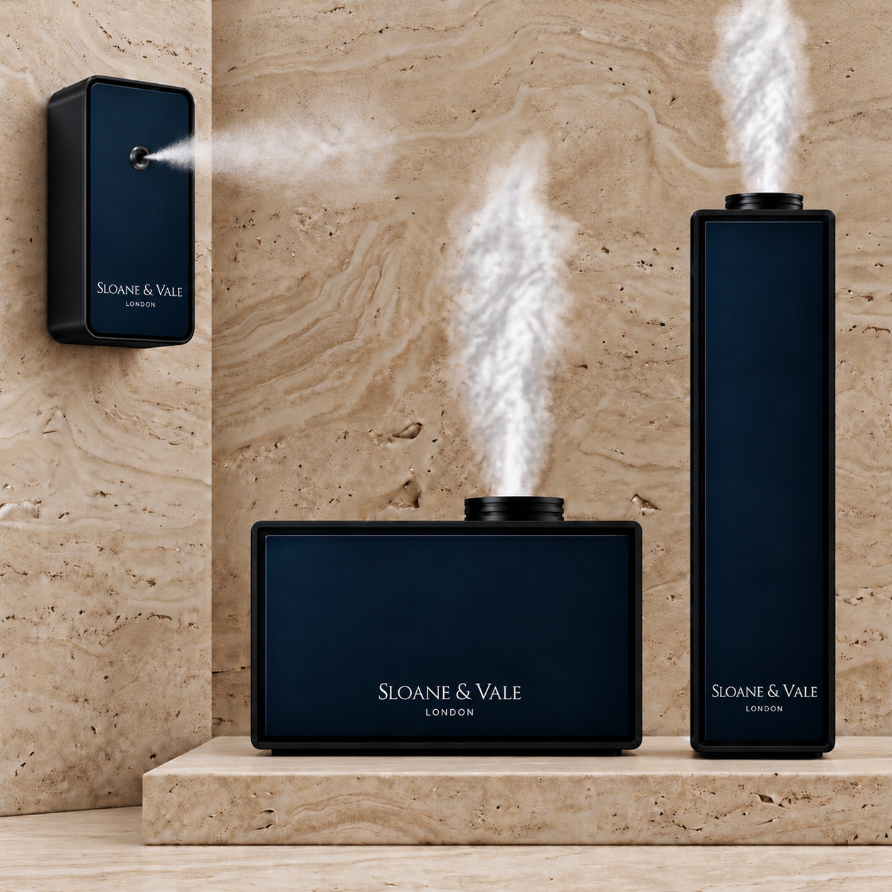 The Sloane & Vale diffuser line: a wall-mounted unit on a travertine wall, a low console and a tall tower on a stone plinth, each releasing a veil of mist in a warm stone alcove